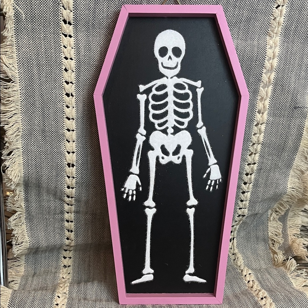 Skeleton Wall Art with Pink Coffin Frame